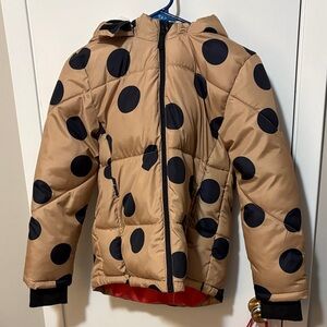 Kids Polka Dot Puffer Jacket - Tan and dark navy